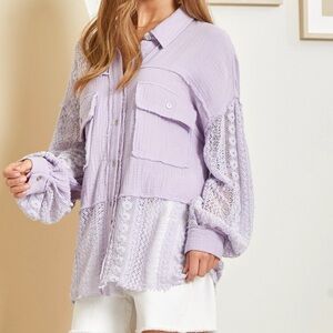 🔥🔥Cotton Button Up Lace Top Double Breast Pockets.